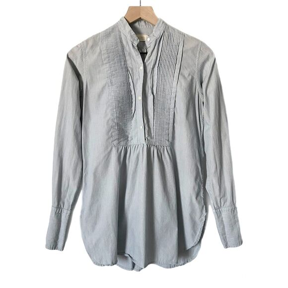 Nili Lotan Tuxedo Pleated Mock Neck 100% Cotton Blouse in Blue Pinstripe Size XS - Picture 1 of 5